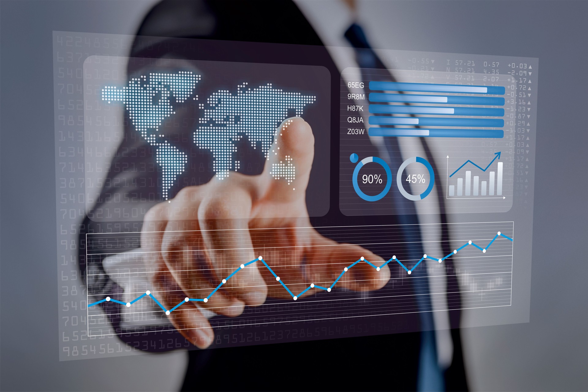 Businessman touching financial dashboard with KPI