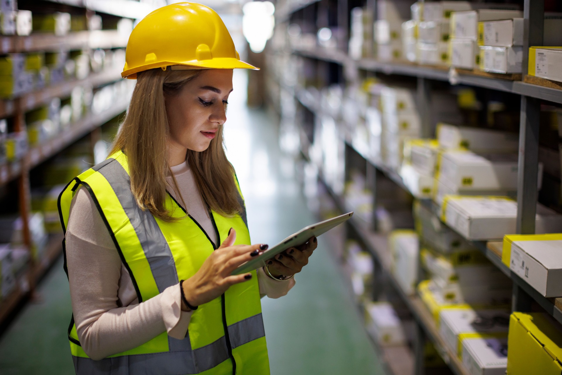 Female warehouse employee doing a checklist with digital tablet